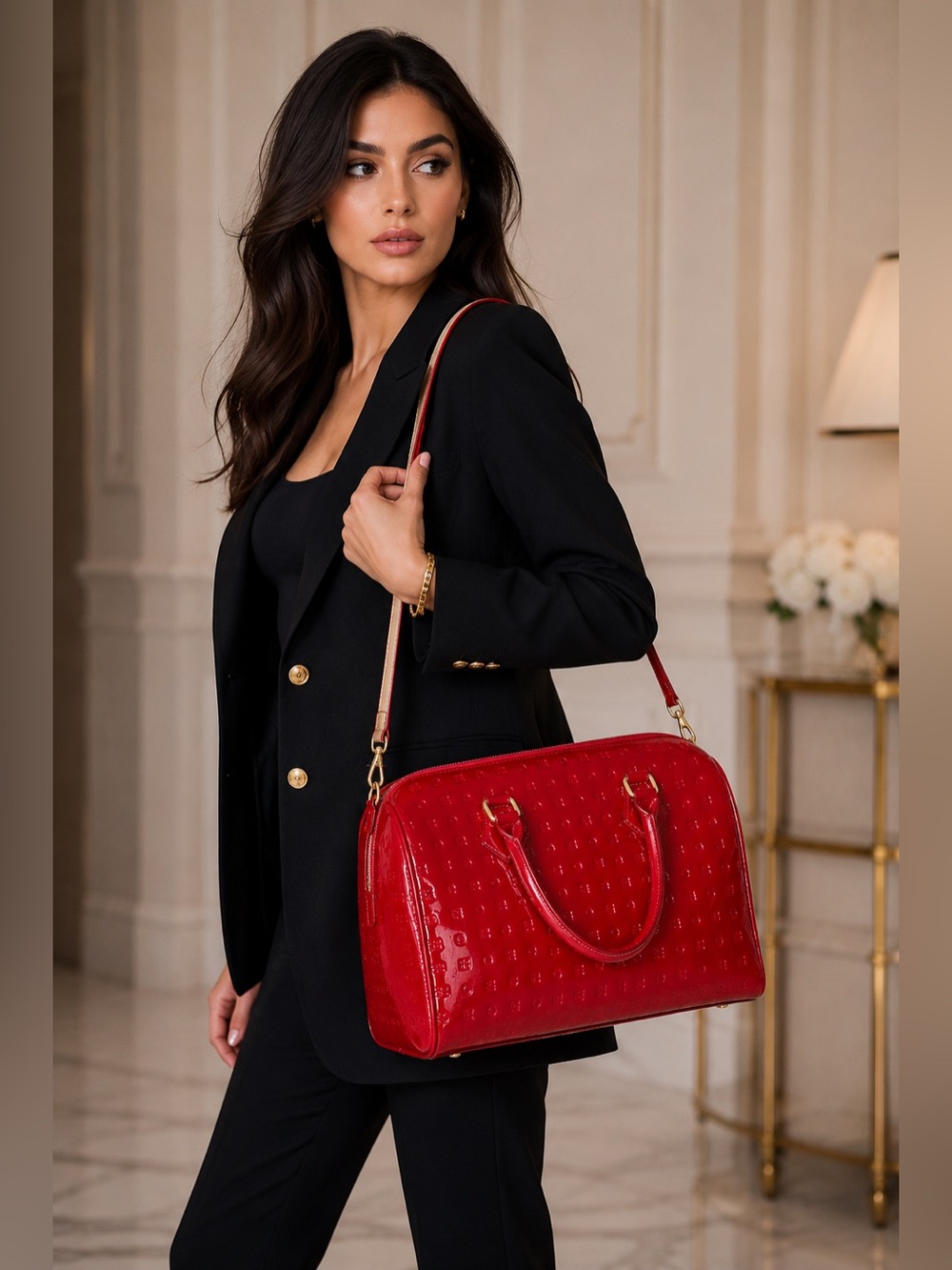 Arcadia Italy Red Patent Embossed Leather Satchel Crossbody Bag